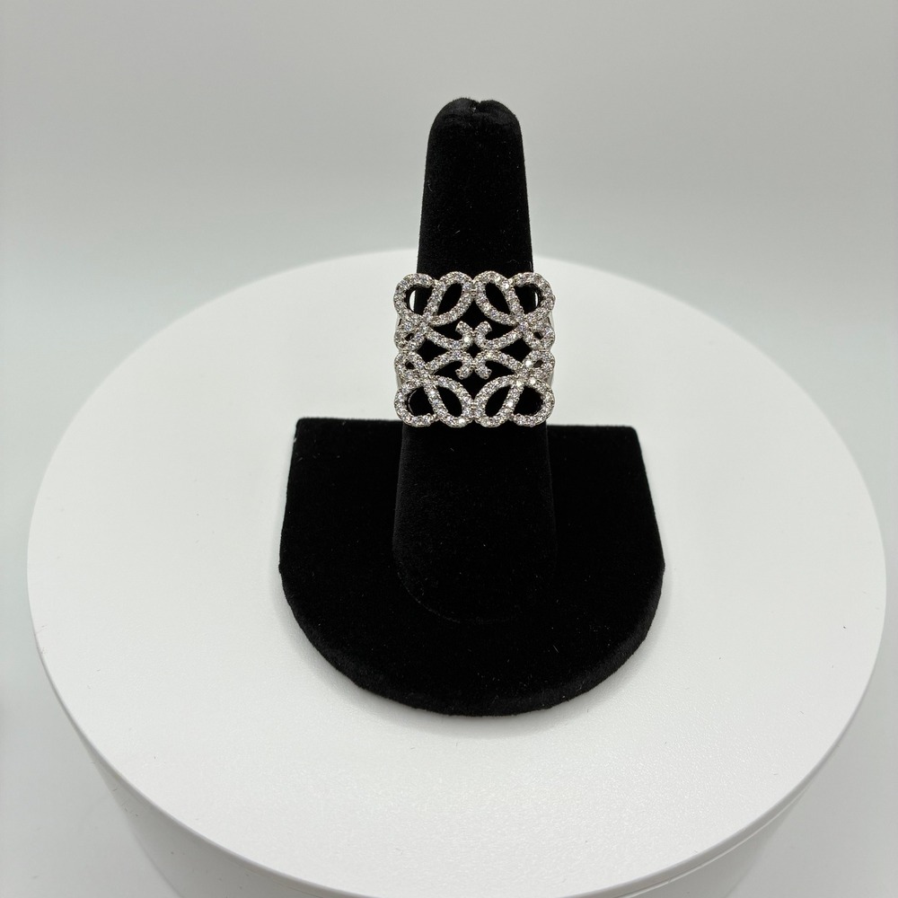 Women's Adjustable Ring 7.5 Silver Pave Crystal Filigree Statement Ring